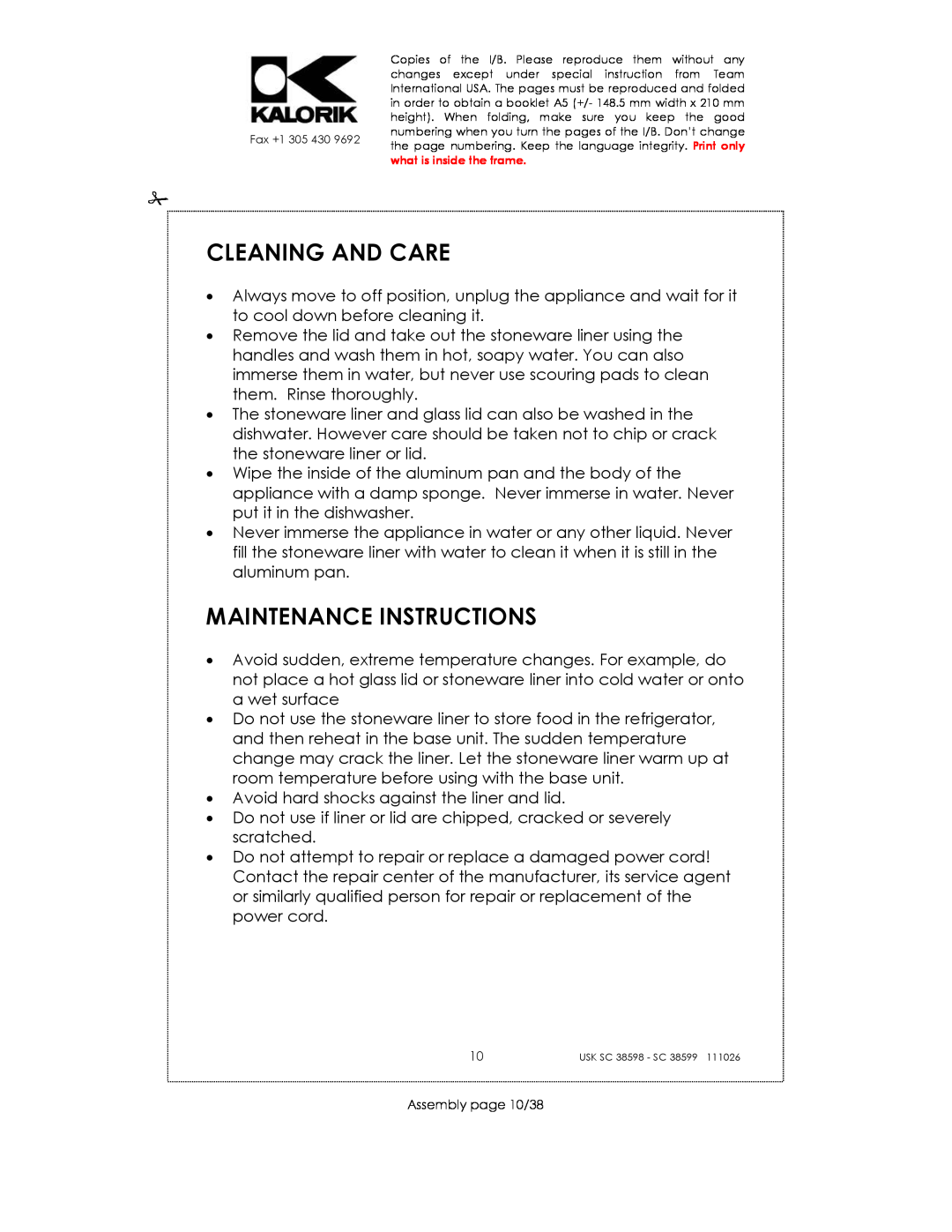 Kalorik usk sc 38598, 38599 manual Cleaning And Care, Maintenance Instructions 