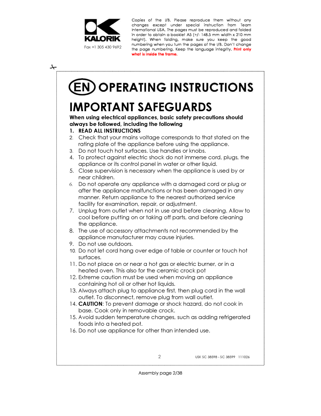 Kalorik usk sc 38598, 38599 manual Important Safeguards, Read All Instructions 