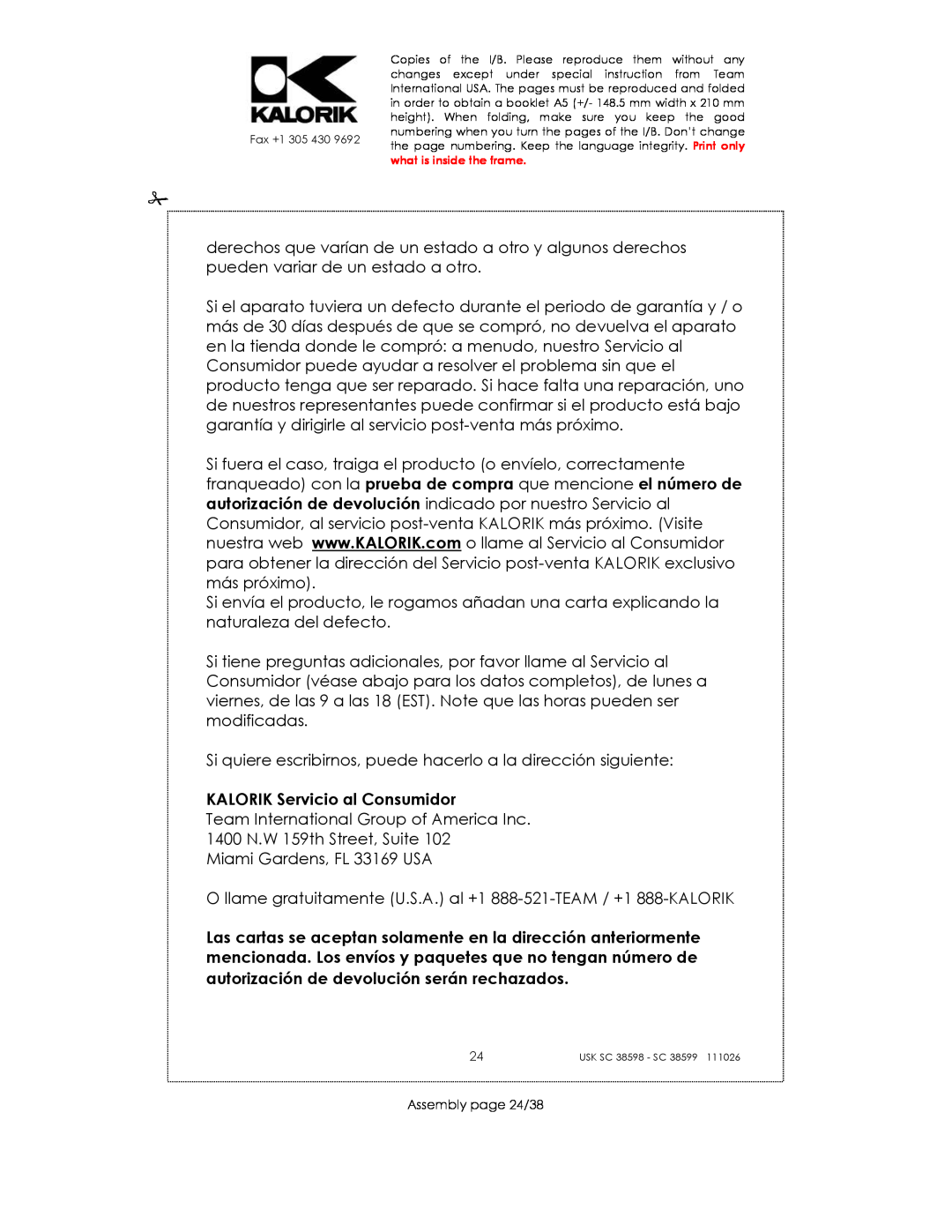 Kalorik usk sc 38598, 38599 manual KALORIK Servicio al Consumidor, Assembly page 24/38 