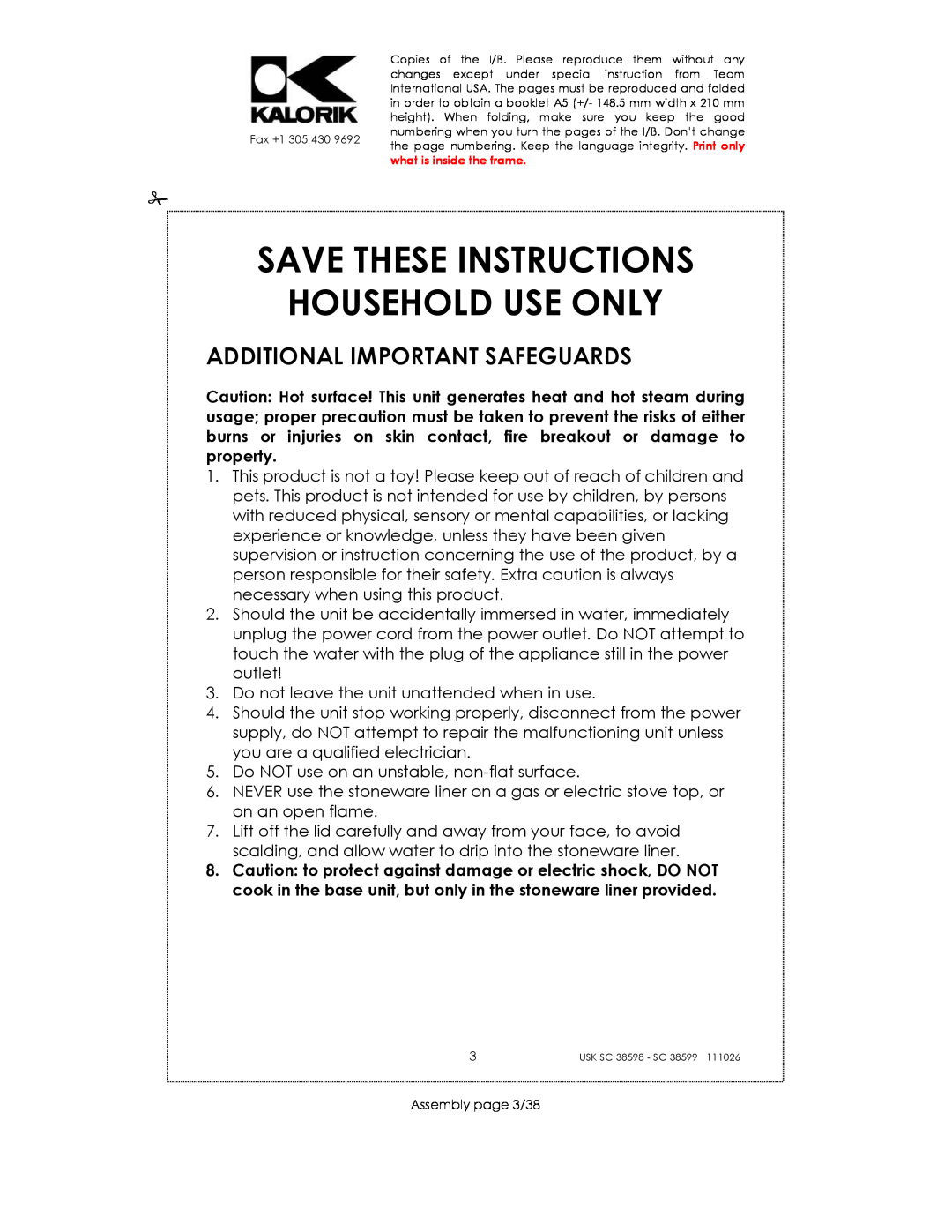 Kalorik 38599, usk sc 38598 manual Save These Instructions Household Use Only, Additional Important Safeguards 
