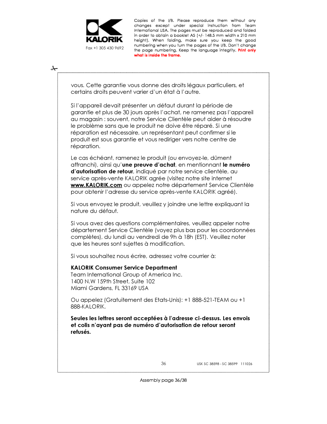 Kalorik usk sc 38598, 38599 manual KALORIK Consumer Service Department, Assembly page 36/38 