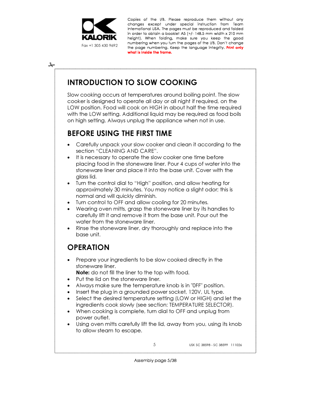Kalorik 38599, usk sc 38598 manual Introduction To Slow Cooking, Before Using The First Time, Operation 