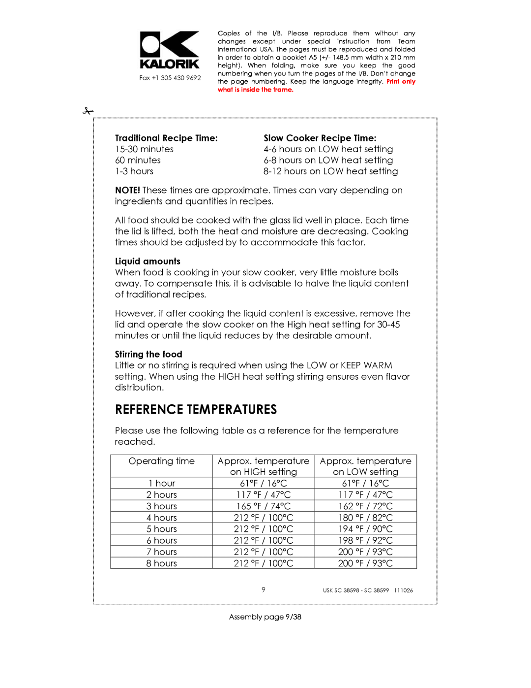 Kalorik 38599 Reference Temperatures, Traditional Recipe Time, Slow Cooker Recipe Time, Liquid amounts, Stirring the food 