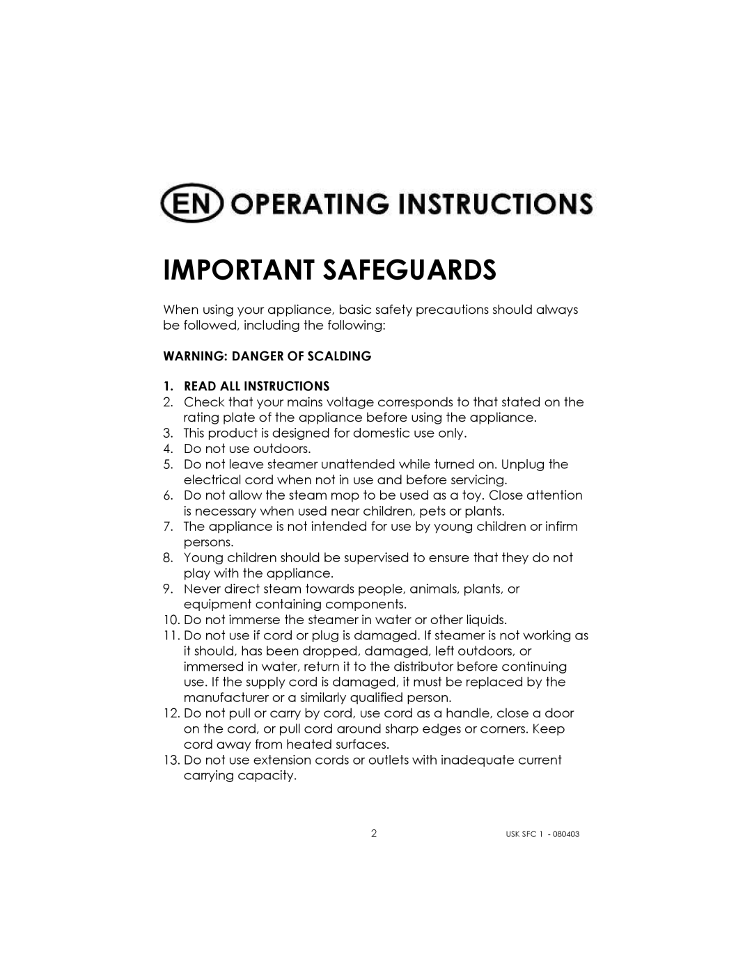 Kalorik USK SFC 1 manual Important Safeguards 