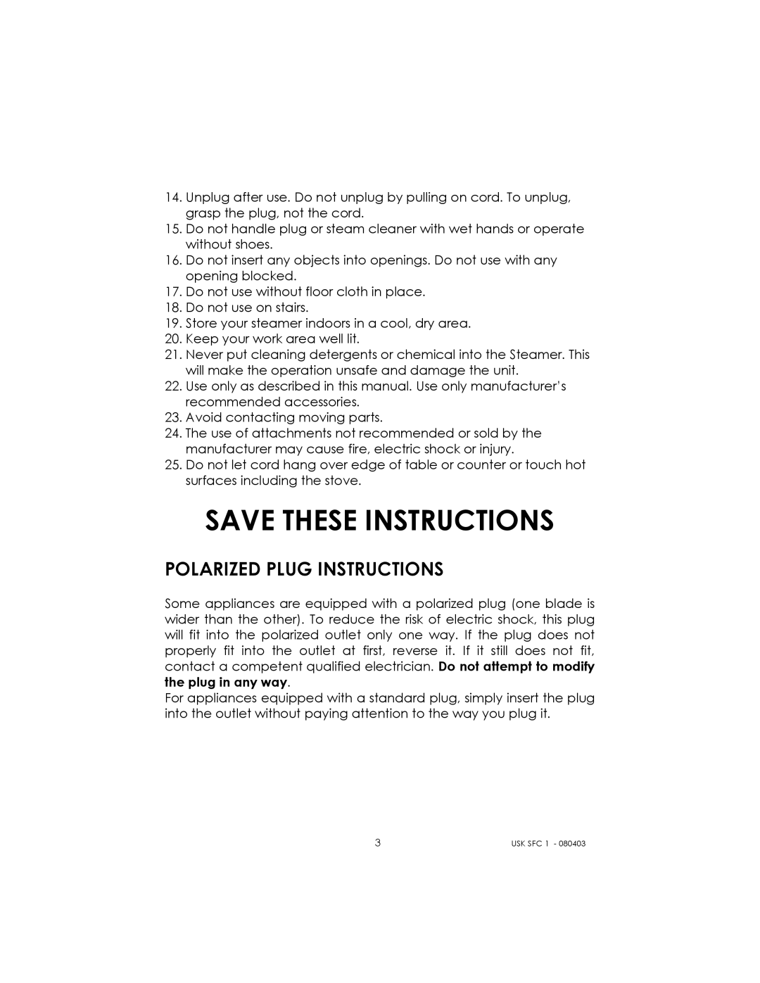 Kalorik USK SFC 1 manual Polarized Plug Instructions 