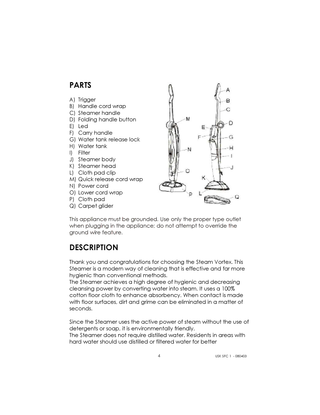 Kalorik USK SFC 1 manual Parts, Description 