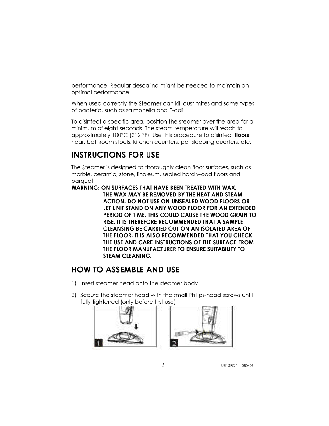 Kalorik USK SFC 1 manual Instructions for USE, HOW to Assemble and USE 