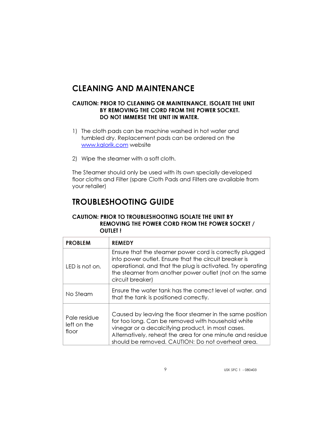 Kalorik USK SFC 1 manual Cleaning and Maintenance, Troubleshooting Guide 