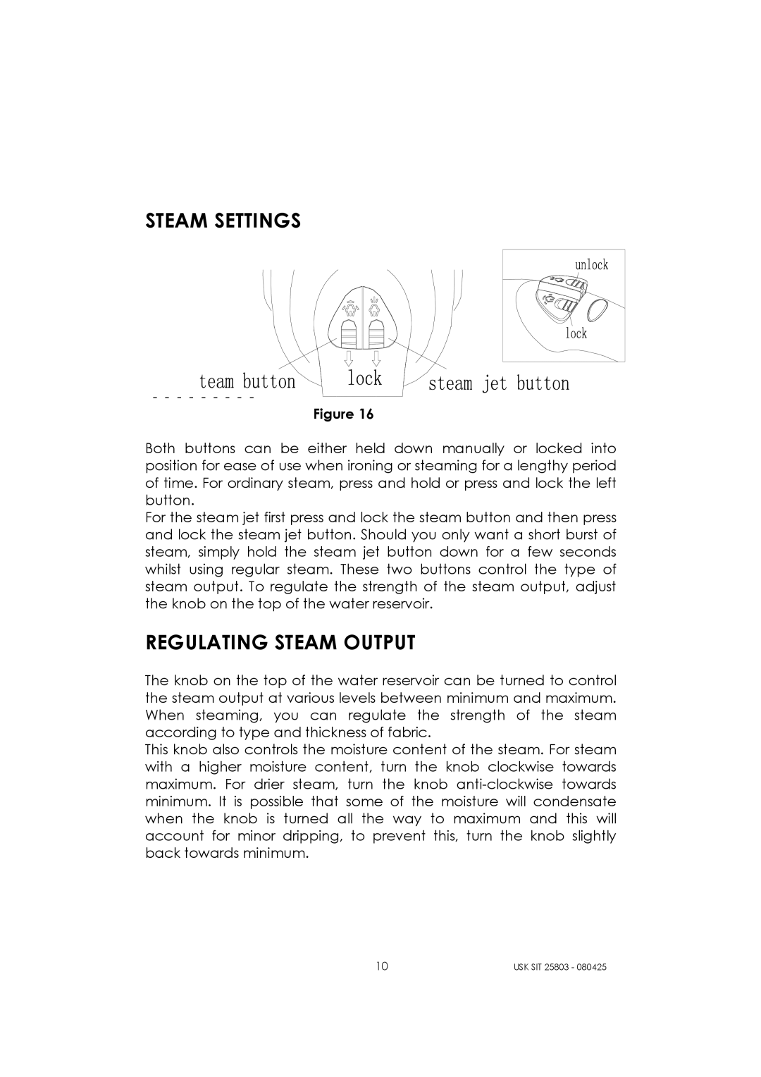 Kalorik USK SIT 25803 manual Steam Settings, Regulating Steam Output 