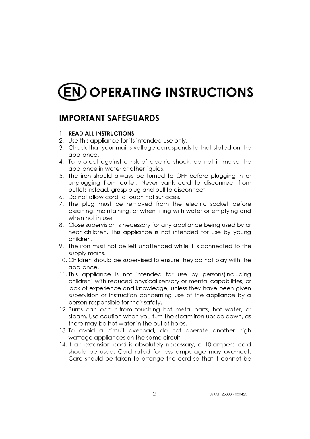 Kalorik USK SIT 25803 manual Important Safeguards, Read ALL Instructions 