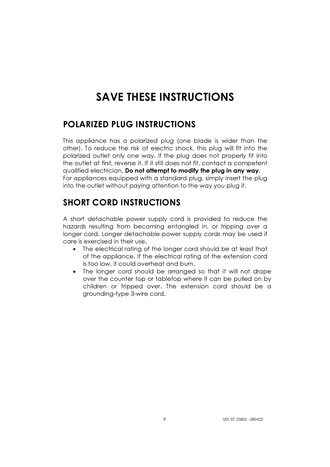 Kalorik USK SIT 25803 manual Polarized Plug Instructions, Short Cord Instructions 