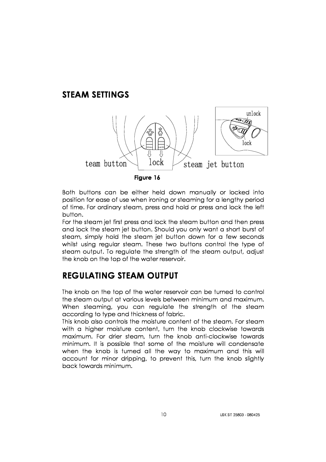 Kalorik USK SIT 25803 manual Steam Settings, Regulating Steam Output 