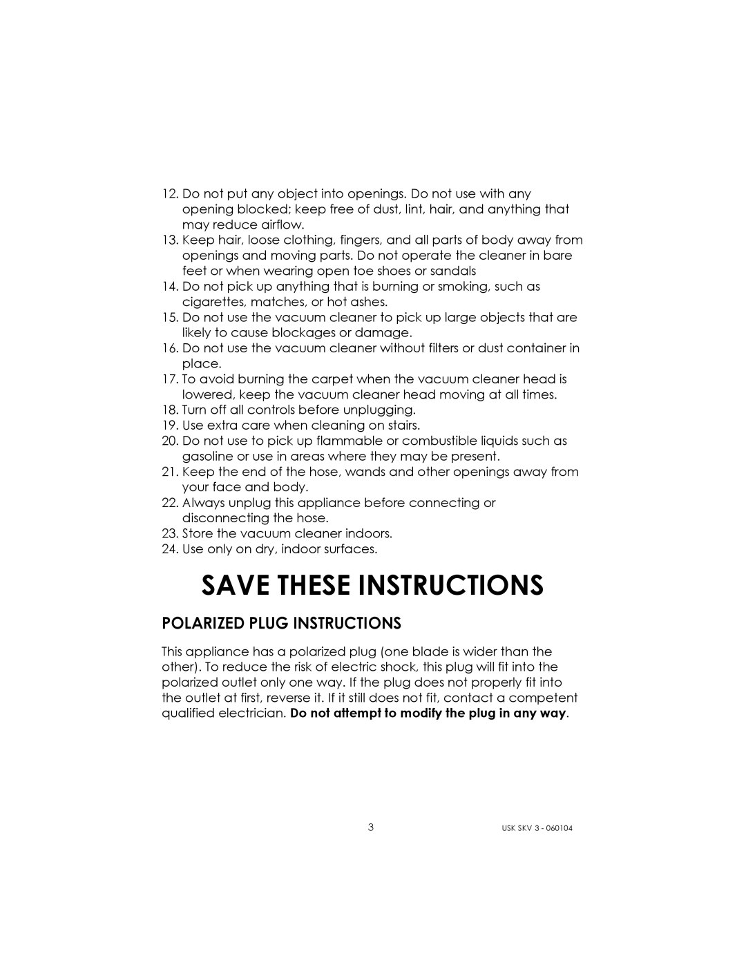 Kalorik USK SKV 3 manual Polarized Plug Instructions 