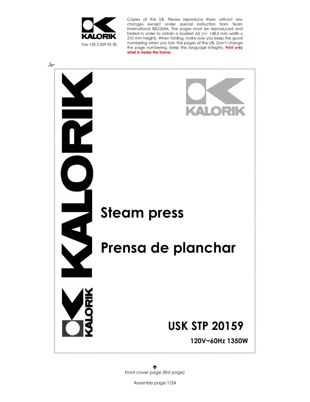 Kalorik USK STP 20159 manual Steam press Prensa de planchar, Front cover page first Assembly page 1/24 