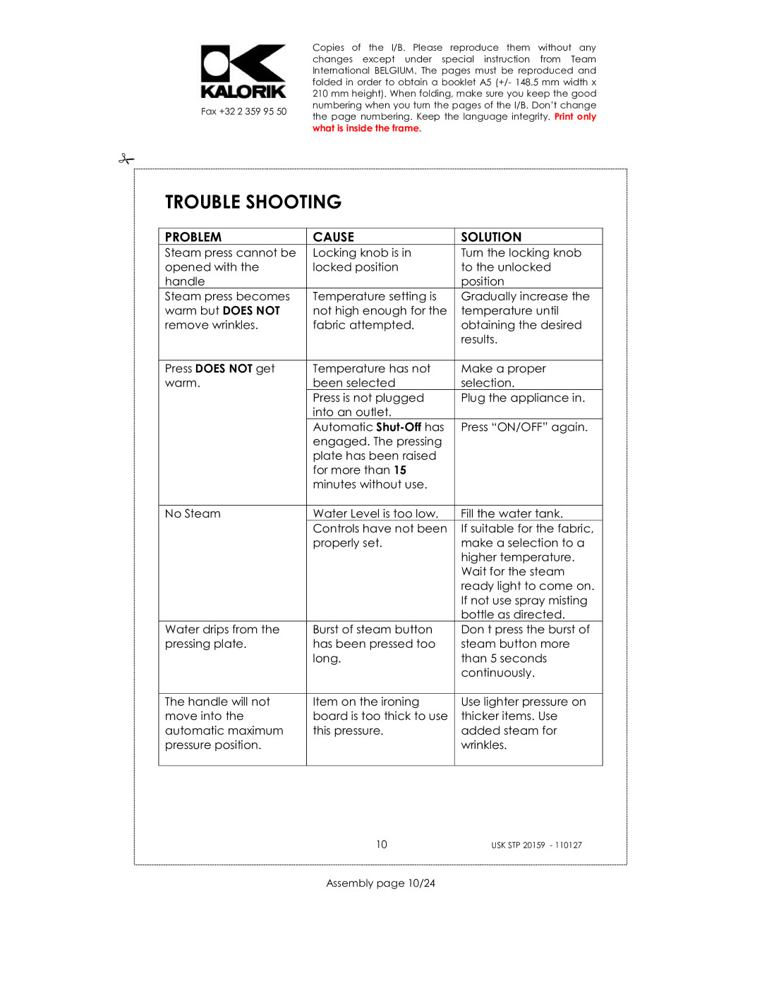 Kalorik USK STP 20159 manual Trouble Shooting, Problem Cause Solution, Assembly page 10/24 