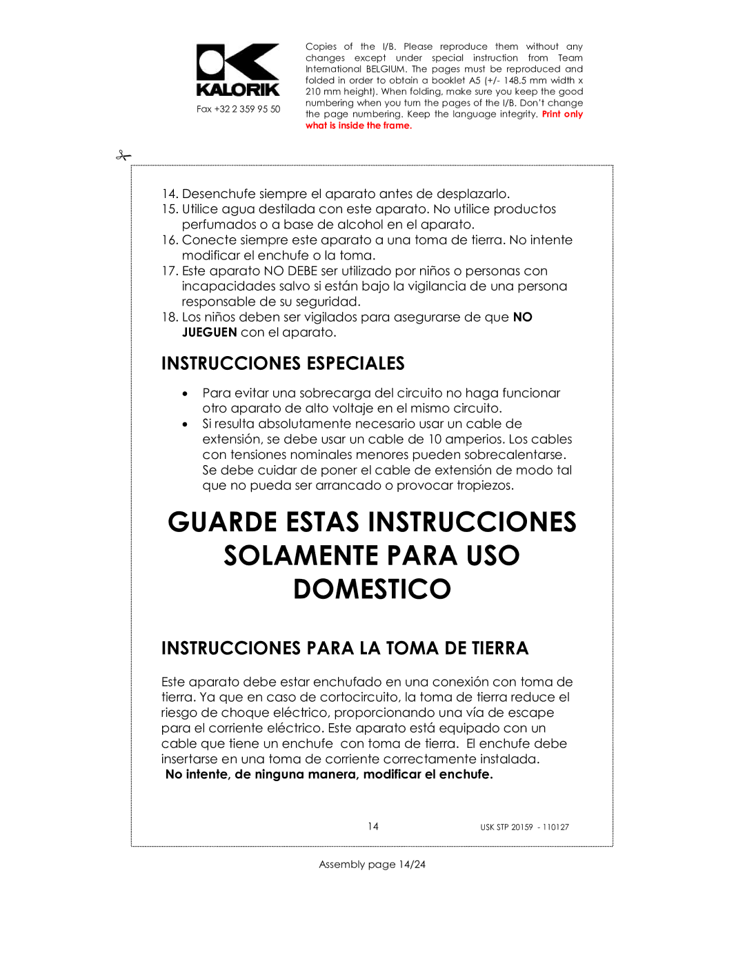 Kalorik USK STP 20159 manual Instrucciones Especiales, Instrucciones Para LA Toma DE Tierra, Assembly page 14/24 