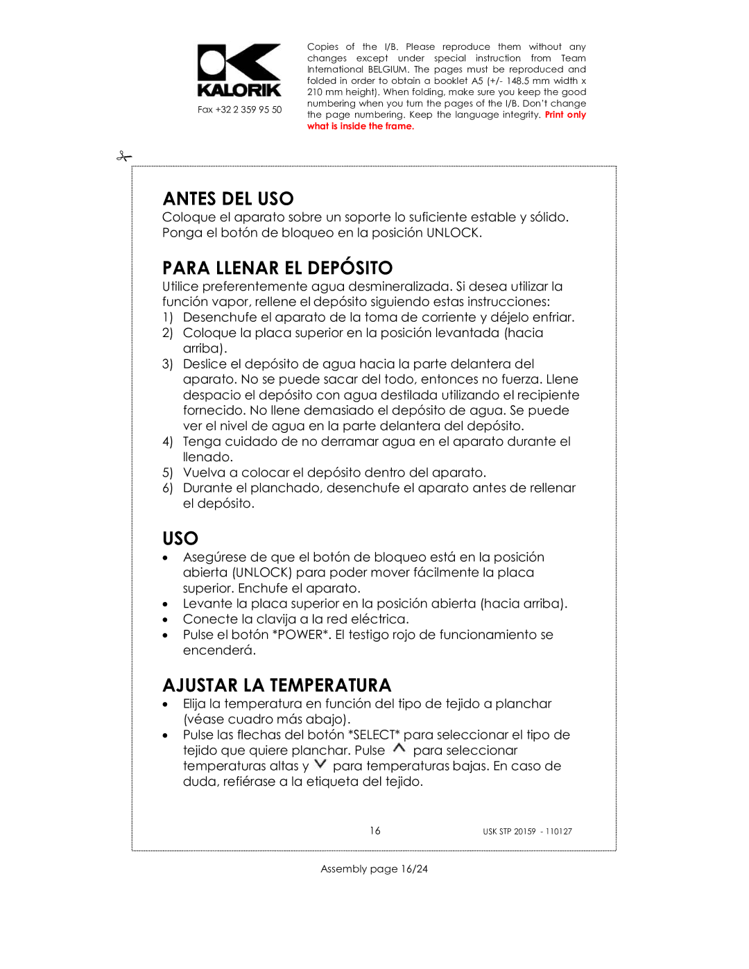 Kalorik USK STP 20159 manual Antes DEL USO, Para Llenar EL Depósito, Uso, Ajustar LA Temperatura, Assembly page 16/24 