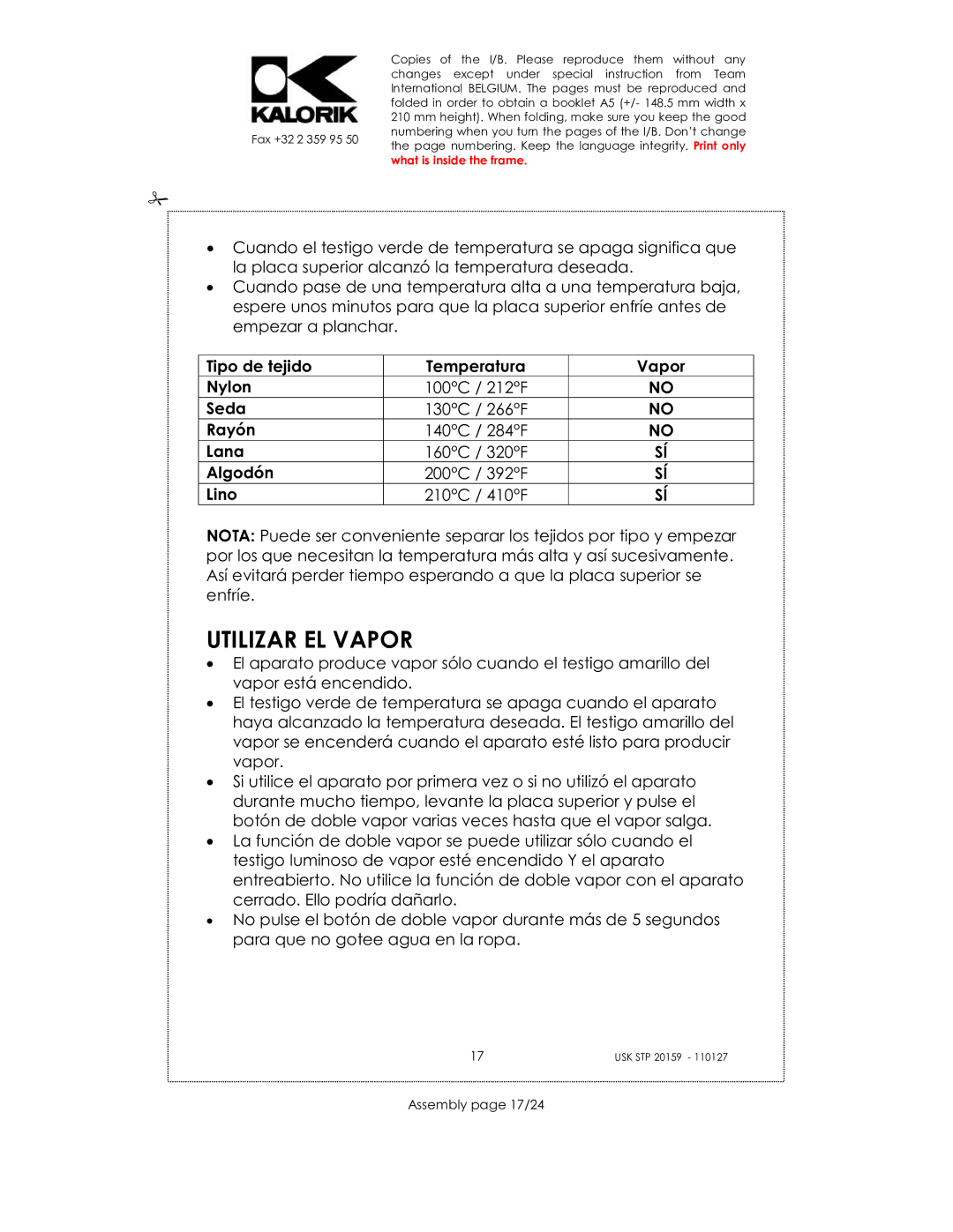 Kalorik USK STP 20159 manual Utilizar EL Vapor, Assembly page 17/24 