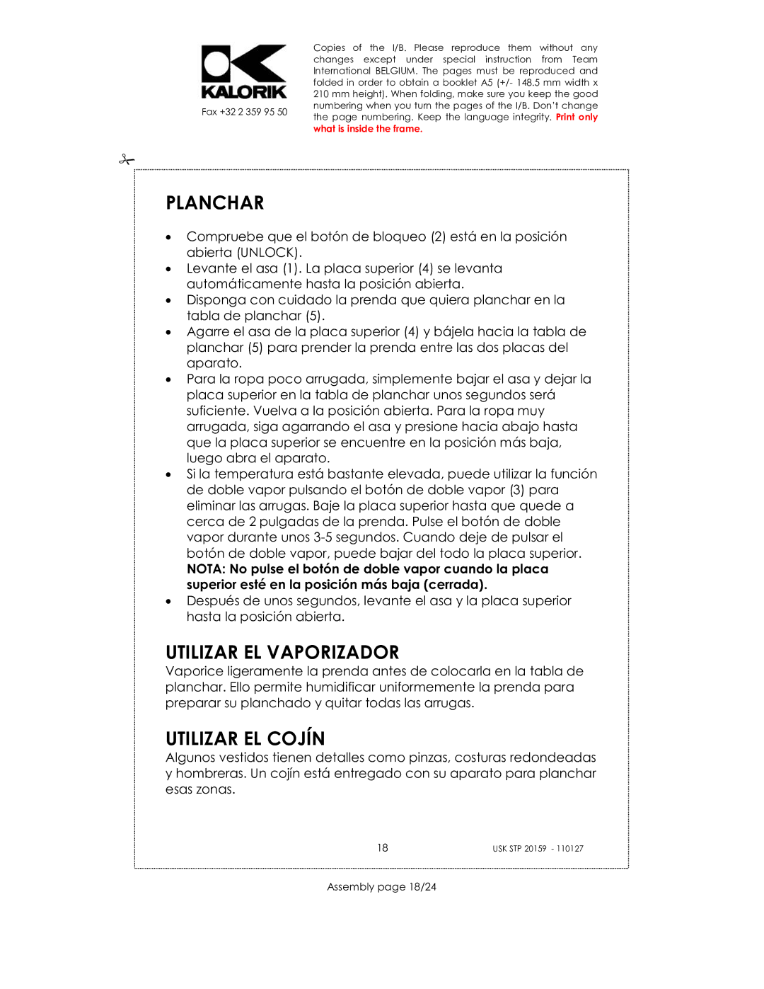 Kalorik USK STP 20159 manual Planchar, Utilizar EL Vaporizador, Utilizar EL Cojín, Assembly page 18/24 