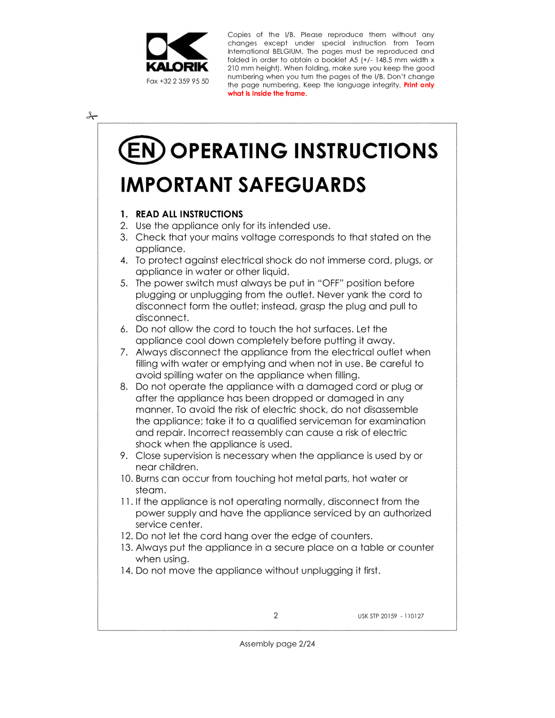 Kalorik USK STP 20159 manual Read ALL Instructions, Assembly page 2/24 