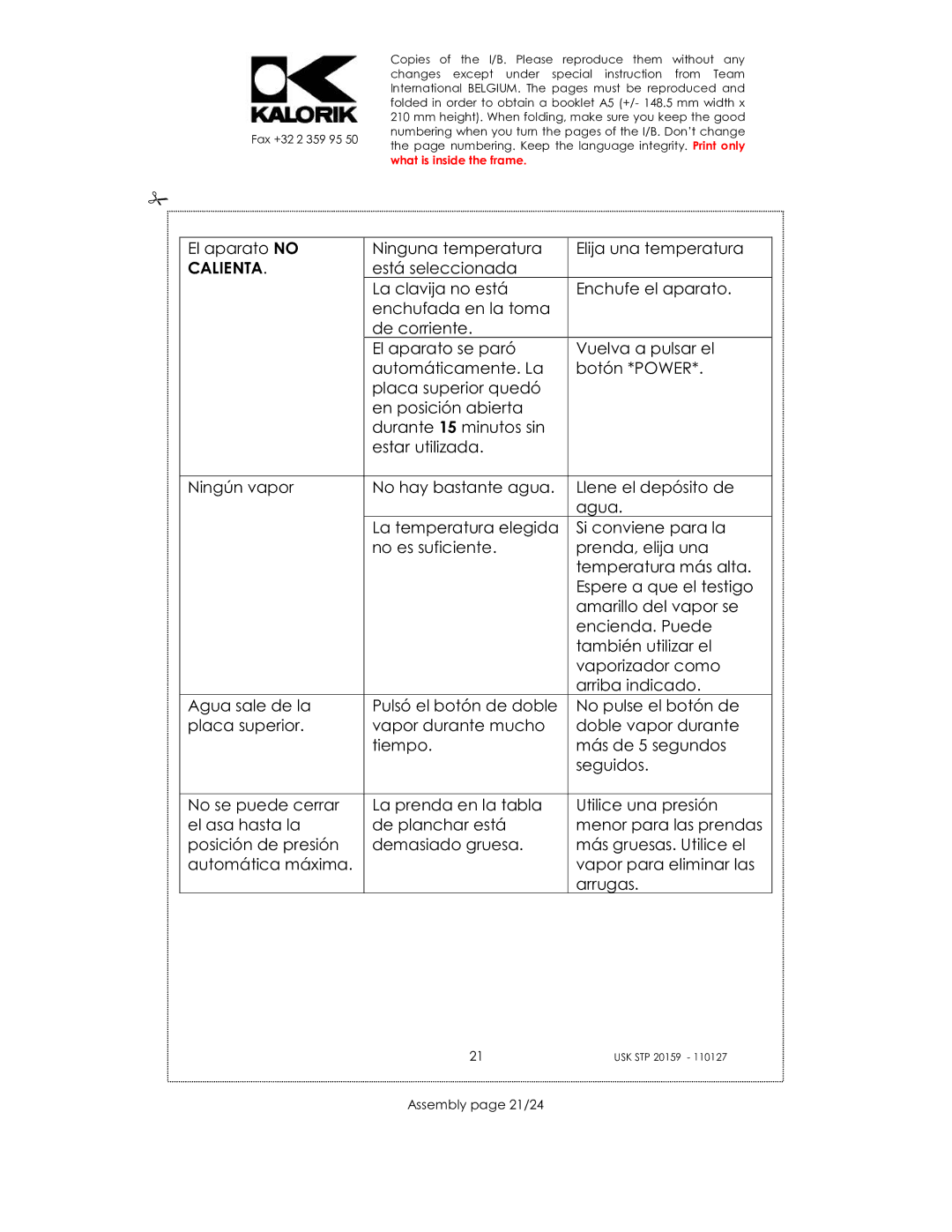 Kalorik USK STP 20159 manual Calienta, Assembly page 21/24 