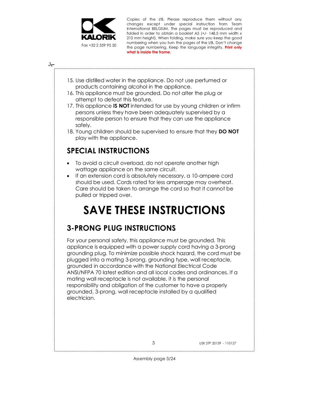 Kalorik USK STP 20159 manual Special Instructions, Prong Plug Instructions, Assembly page 3/24 