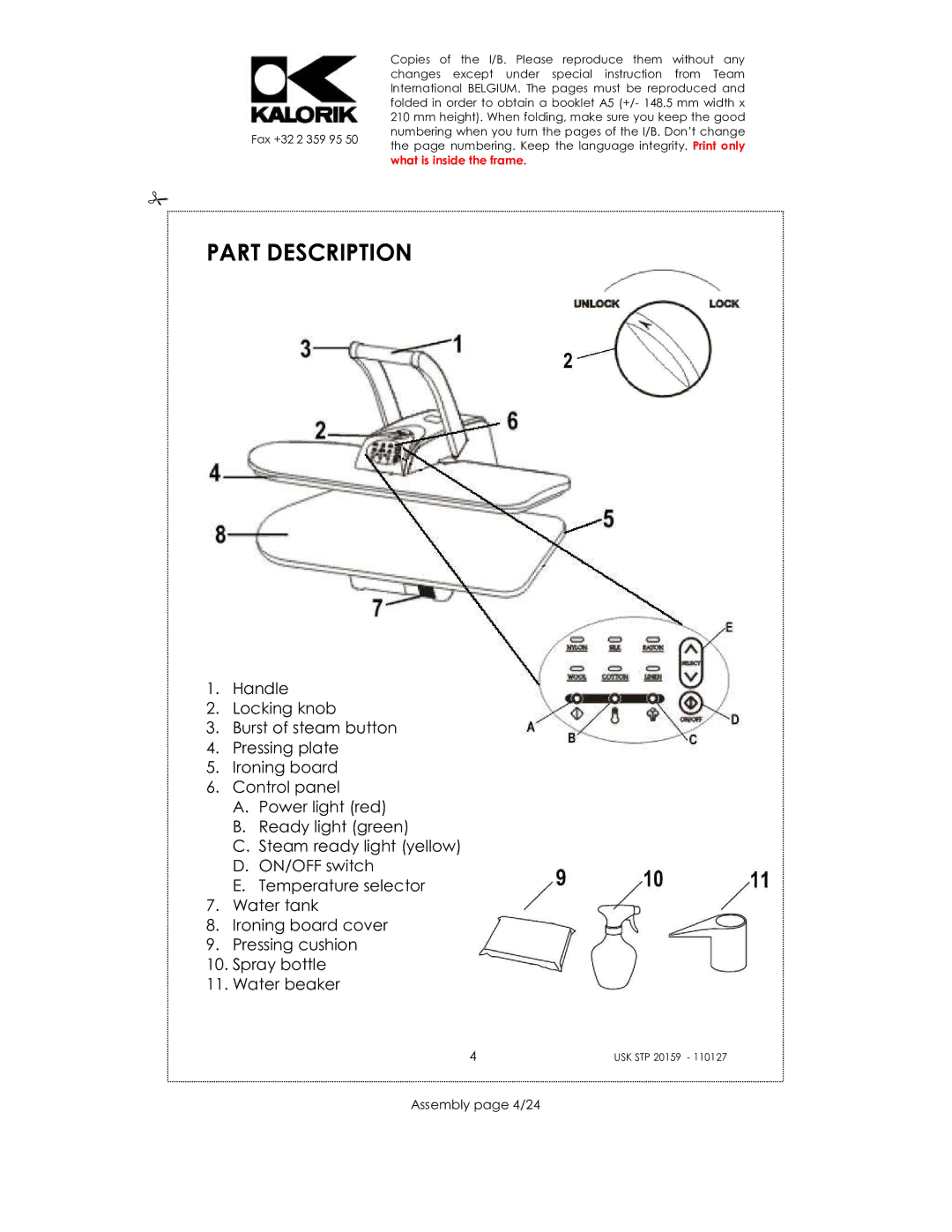 Kalorik USK STP 20159 manual Part Description, Assembly page 4/24 