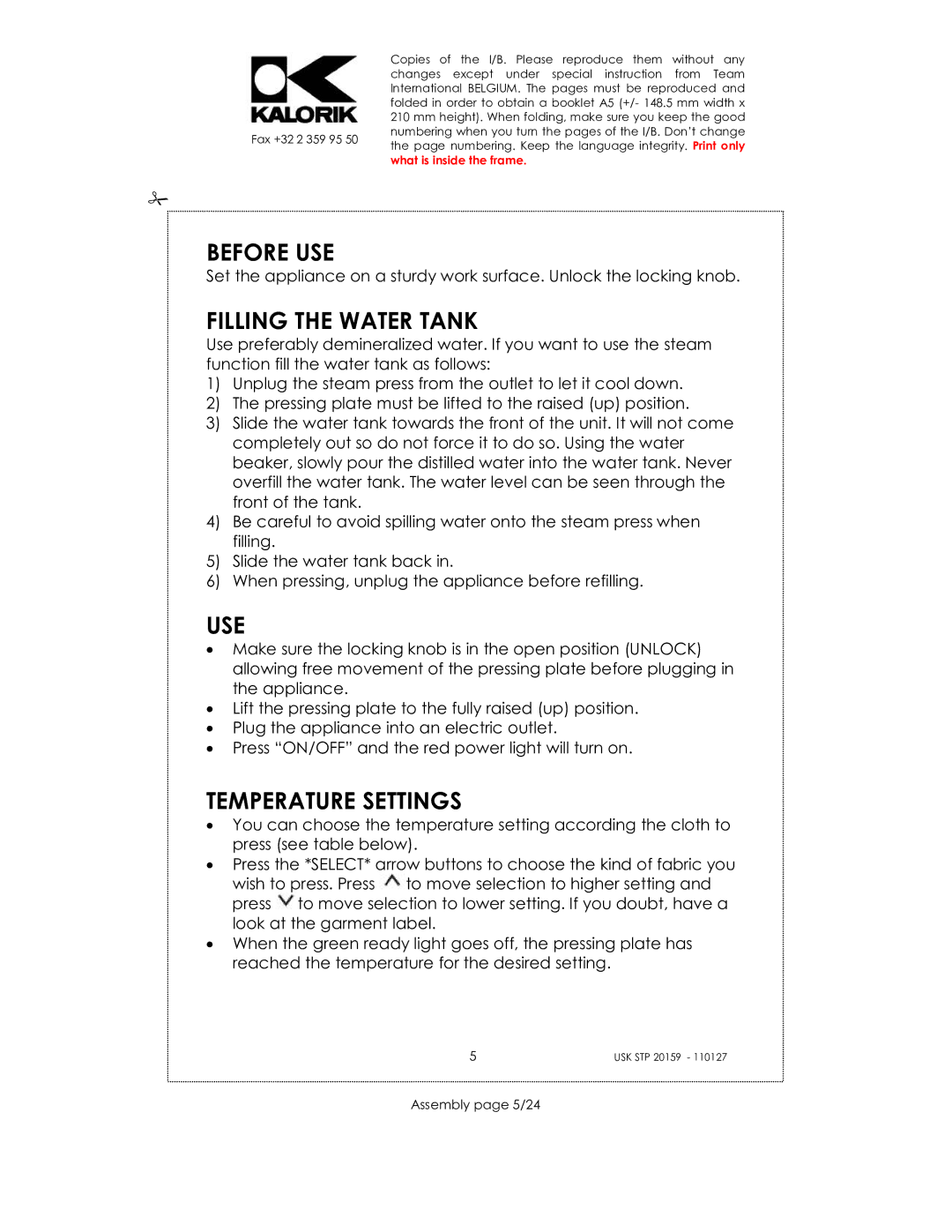 Kalorik USK STP 20159 manual Before USE, Filling the Water Tank, Use, Temperature Settings, Assembly page 5/24 