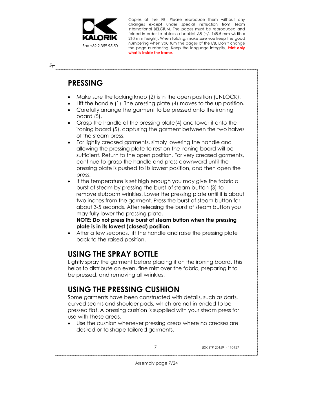 Kalorik USK STP 20159 manual Using the Spray Bottle, Using the Pressing Cushion, Assembly page 7/24 