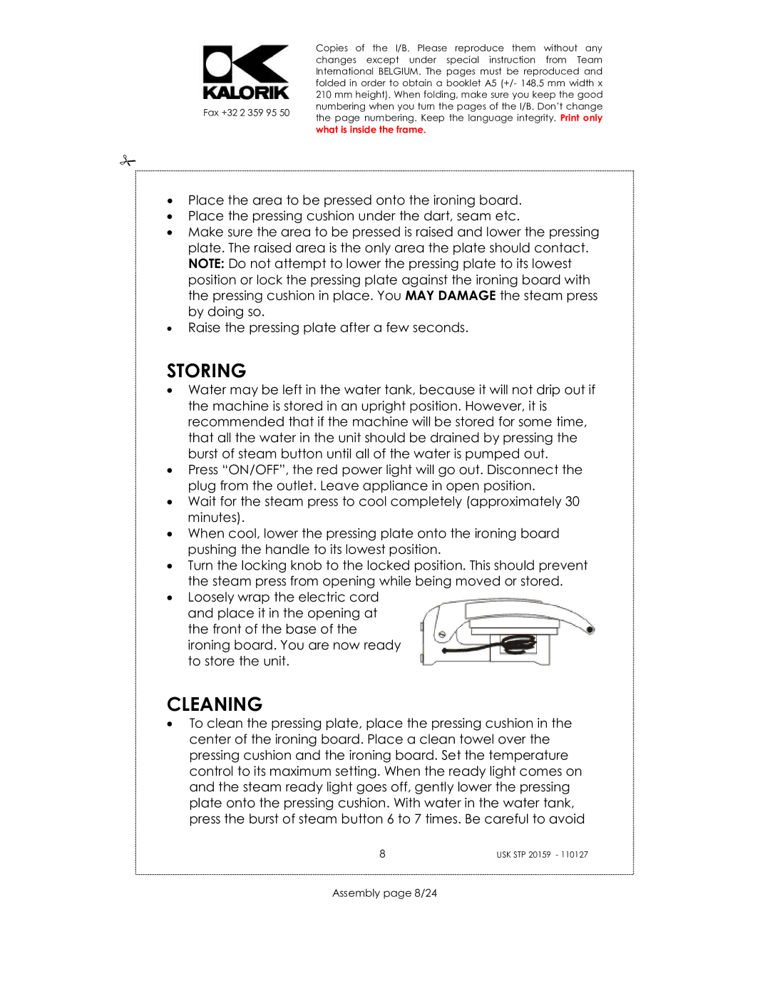 Kalorik USK STP 20159 manual Storing, Cleaning, Assembly page 8/24 