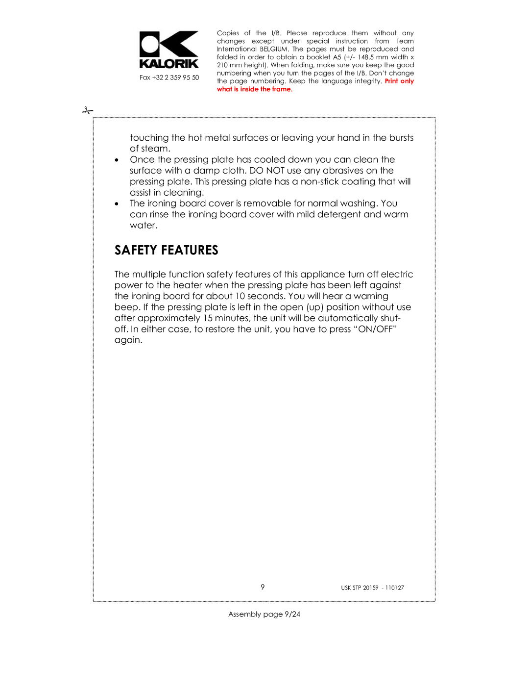 Kalorik USK STP 20159 manual Safety Features, Assembly page 9/24 