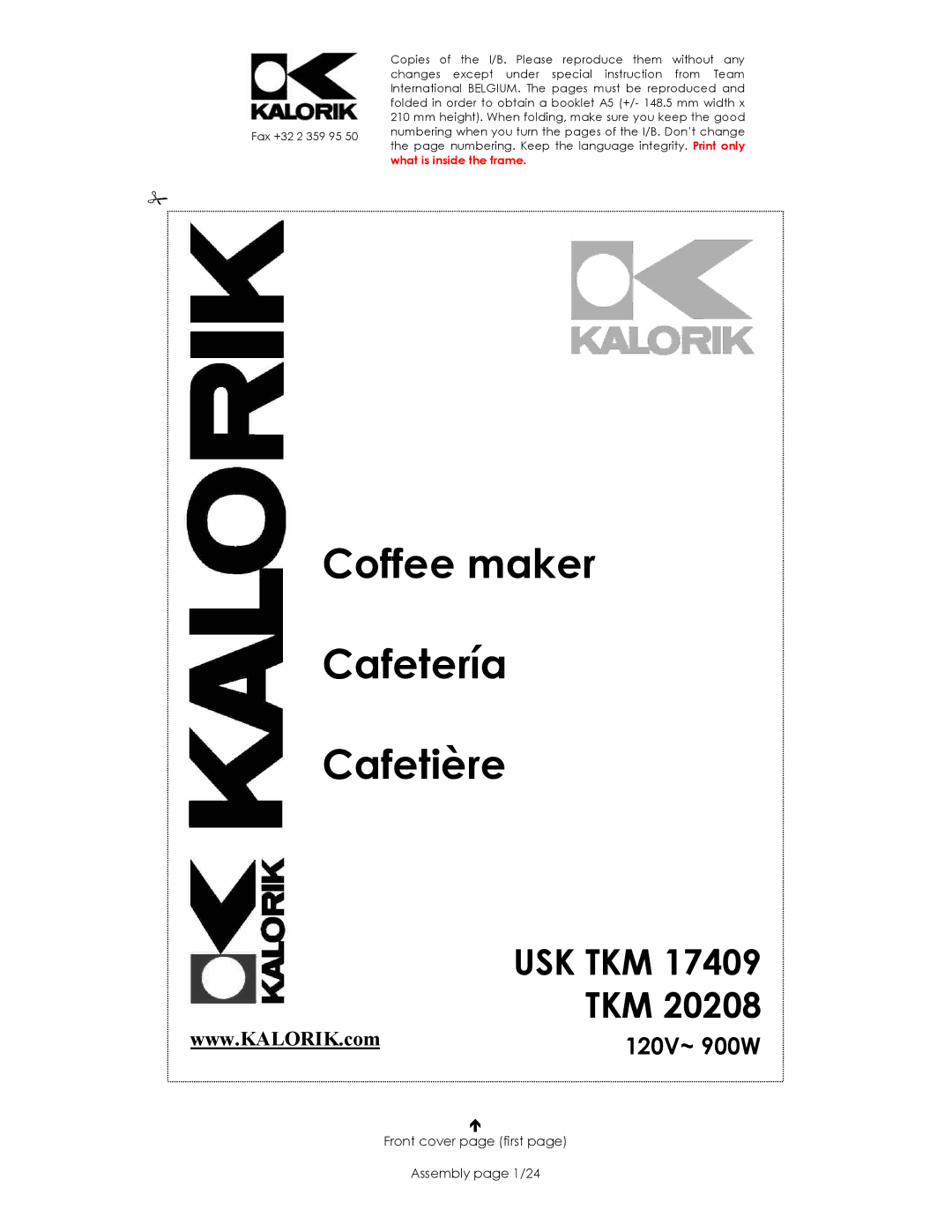 Kalorik TKM 20208, USK TKM 17409 manual Coffee maker Cafetería Cafetière, Front cover page first Assembly page 1/24 