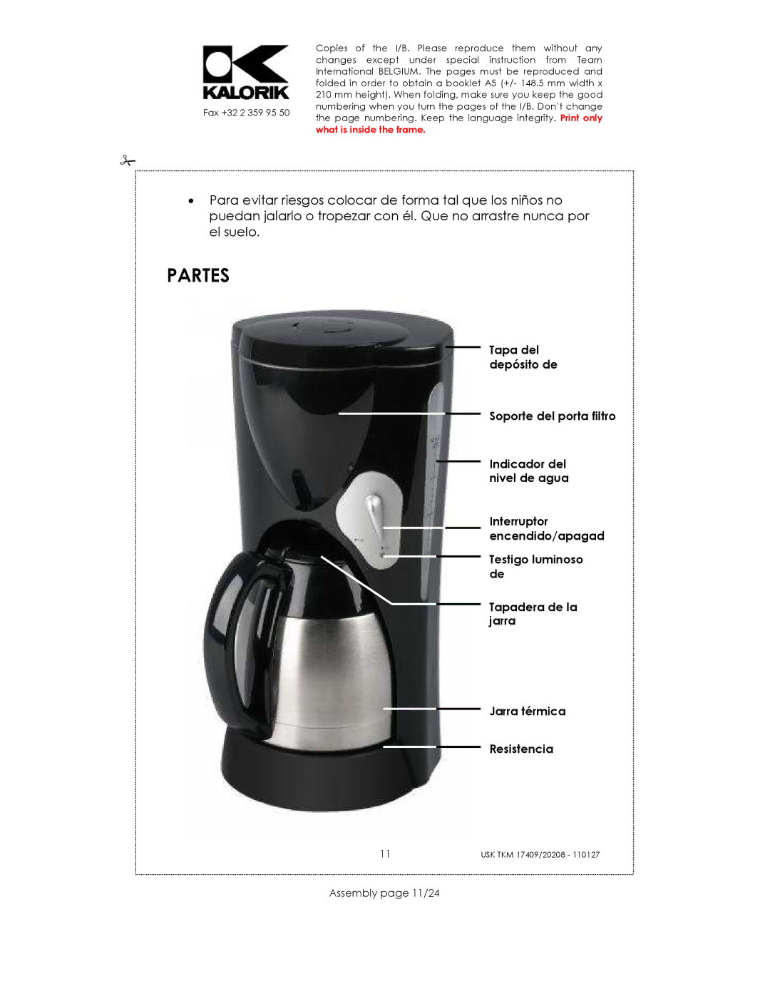 Kalorik TKM 20208, USK TKM 17409 manual Partes, Assembly page 11/24 