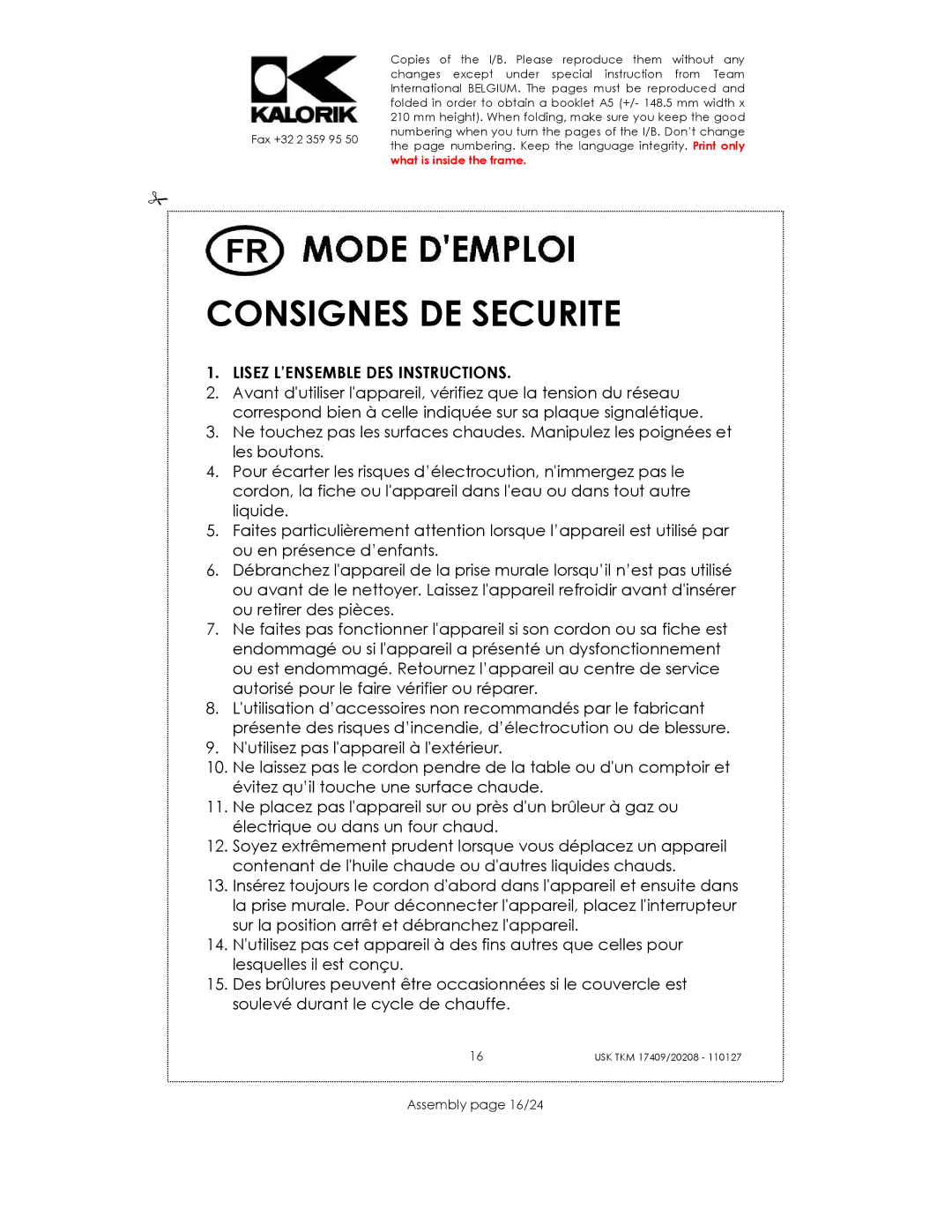 Kalorik USK TKM 17409, TKM 20208 manual Consignes DE Securite, Assembly page 16/24 