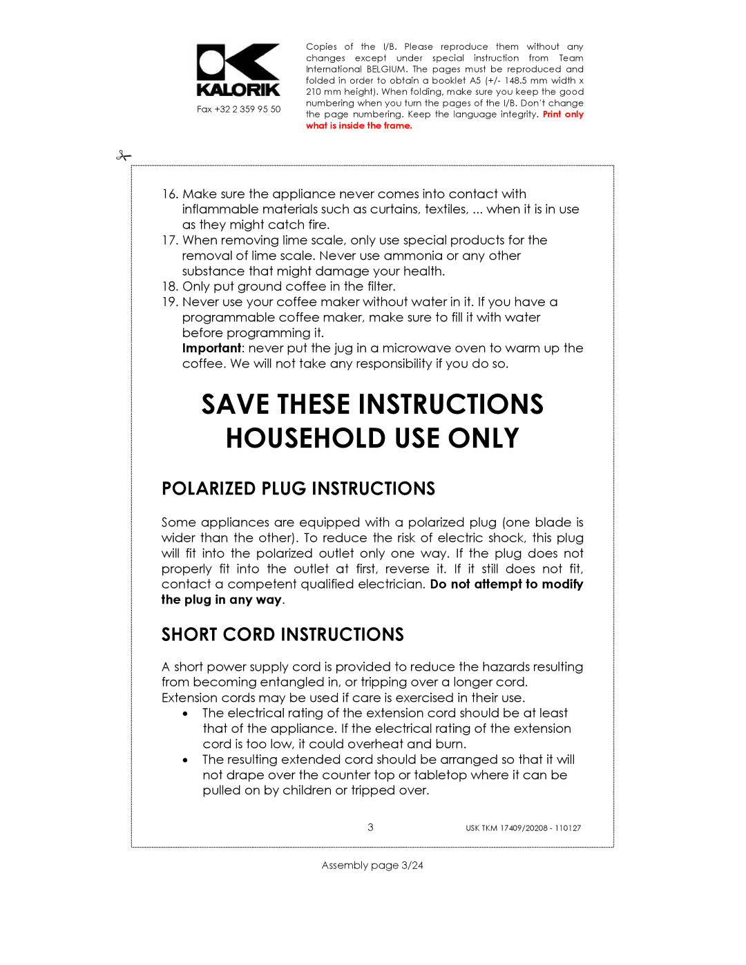 Kalorik TKM 20208 manual Household USE only, Polarized Plug Instructions, Short Cord Instructions, Assembly page 3/24 