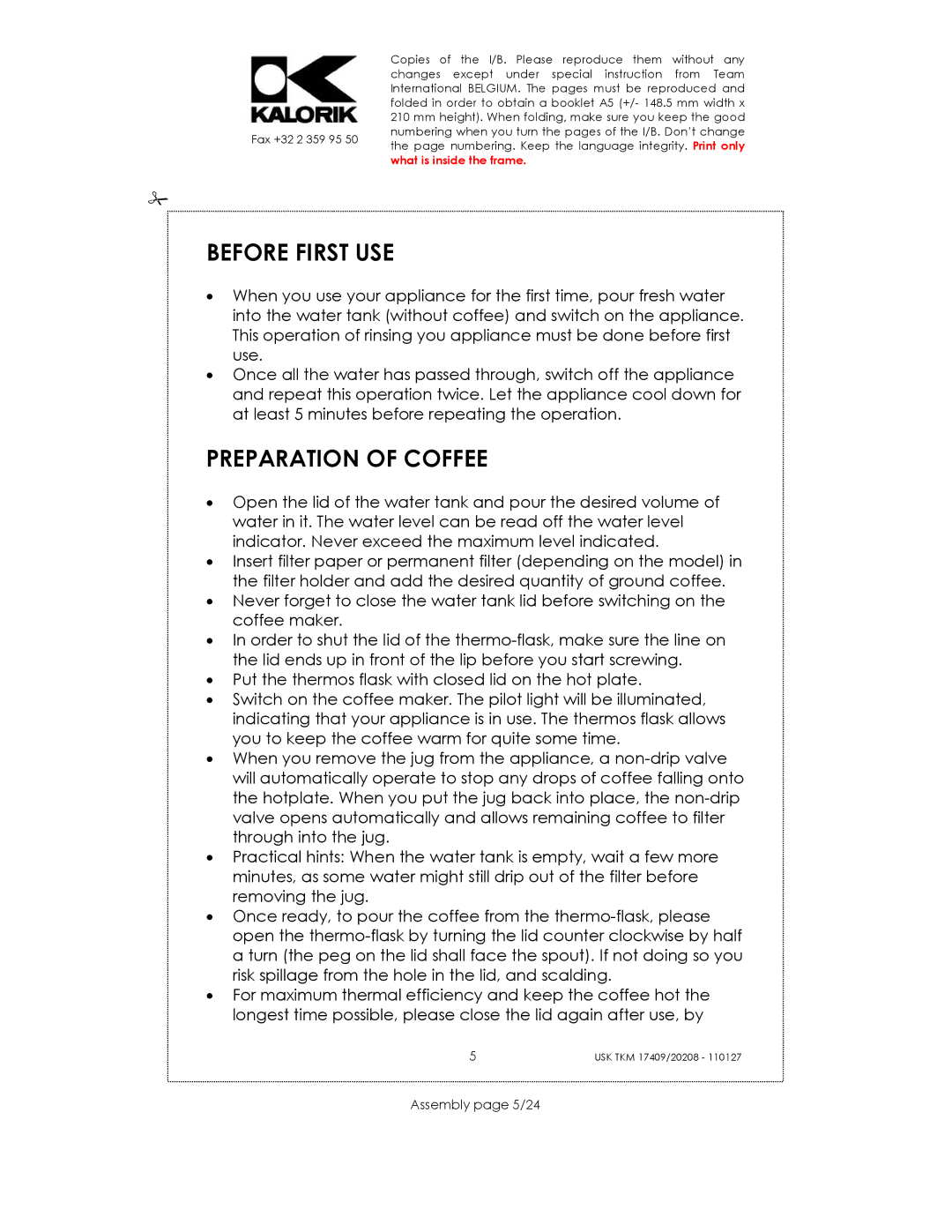 Kalorik TKM 20208, USK TKM 17409 manual Before First USE, Preparation of Coffee, Assembly page 5/24 