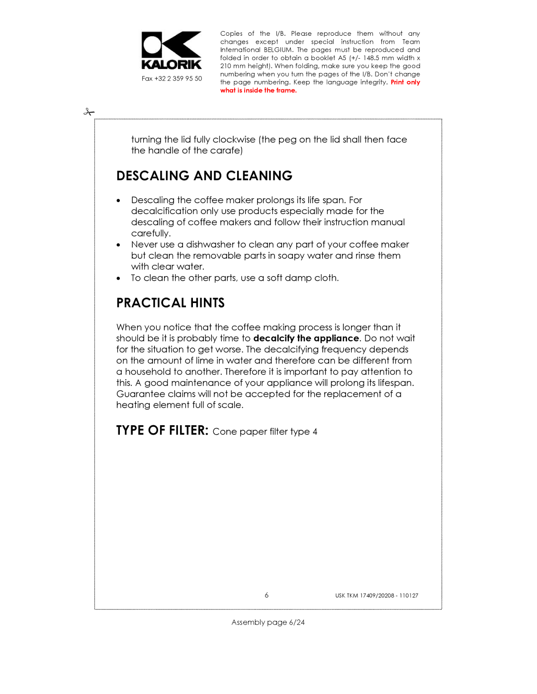 Kalorik USK TKM 17409, TKM 20208 manual Descaling and Cleaning, Practical Hints, Assembly page 6/24 