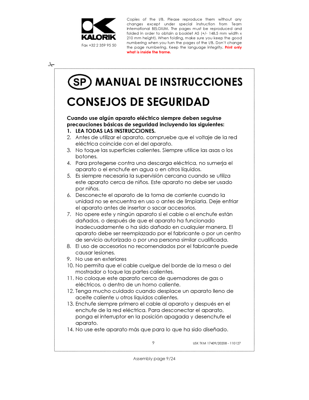 Kalorik TKM 20208, USK TKM 17409 manual Consejos DE Seguridad, Assembly page 9/24 