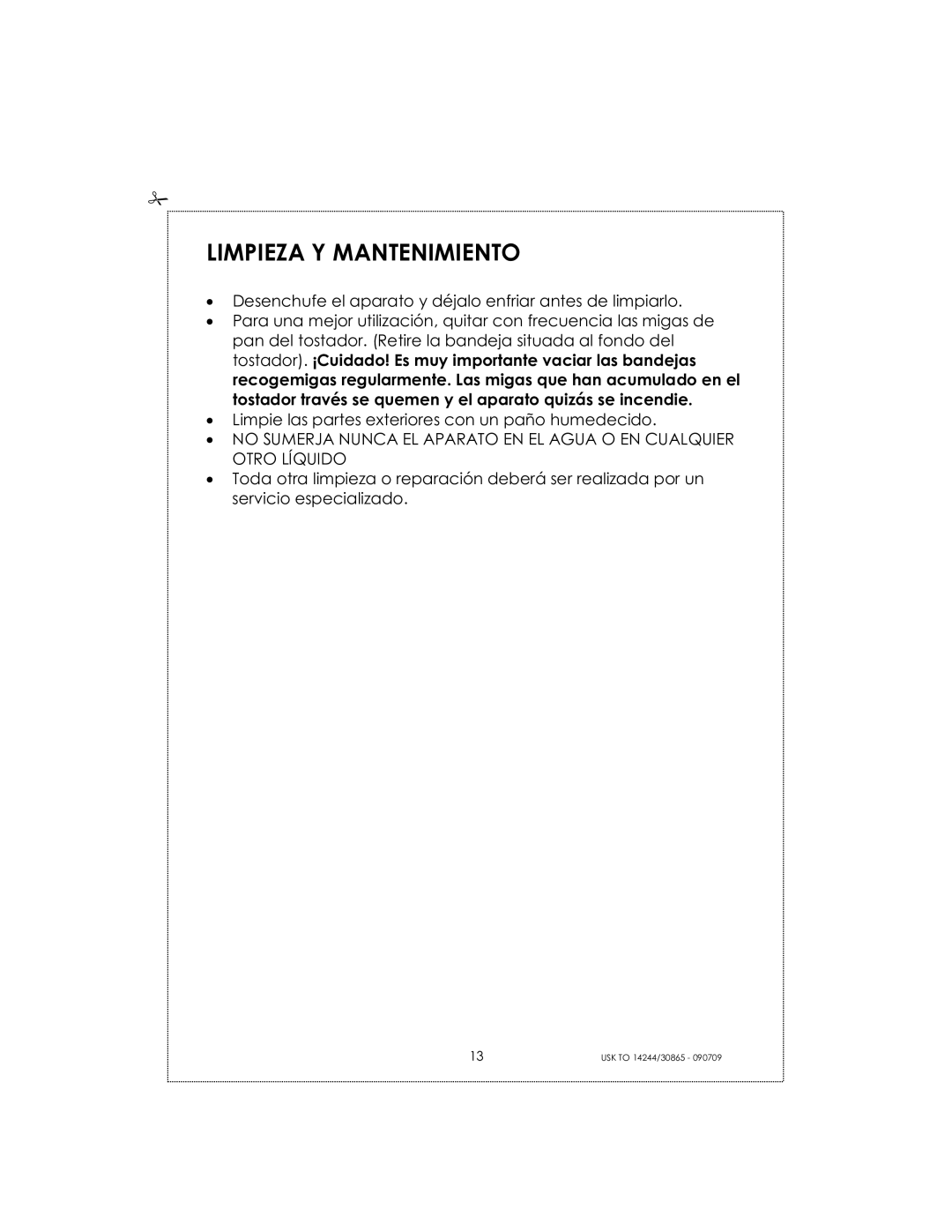 Kalorik USK TO 14244 manual Limpieza Y Mantenimiento 