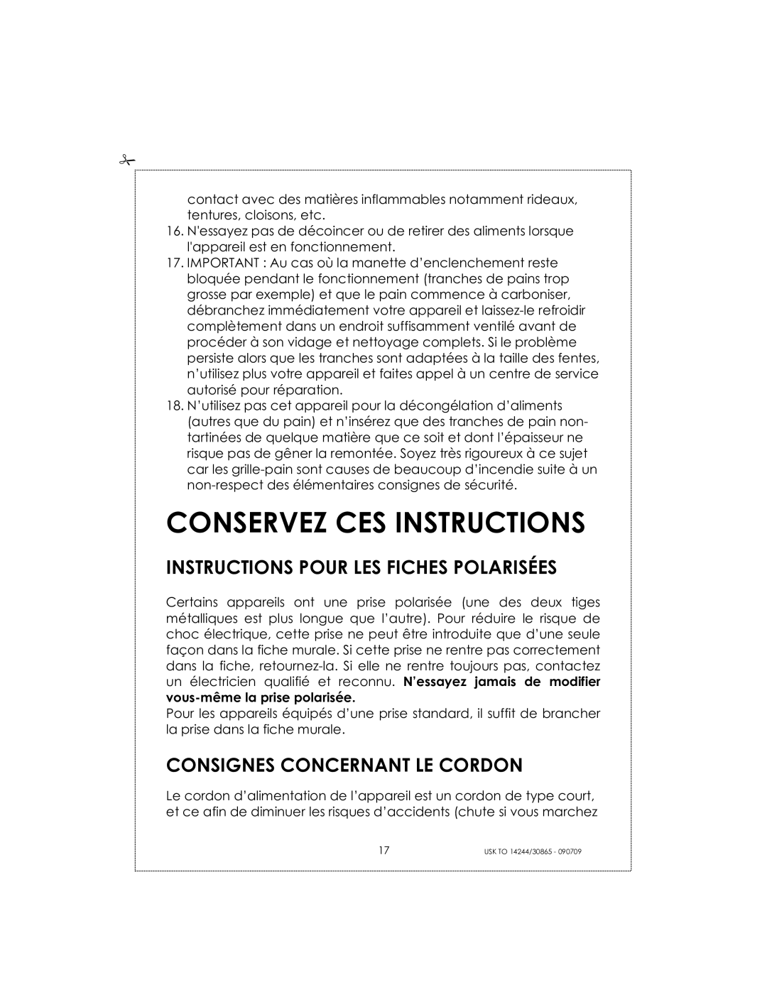 Kalorik USK TO 14244 Conservez CES Instructions, Instructions Pour LES Fiches Polarisées, Consignes Concernant LE Cordon 