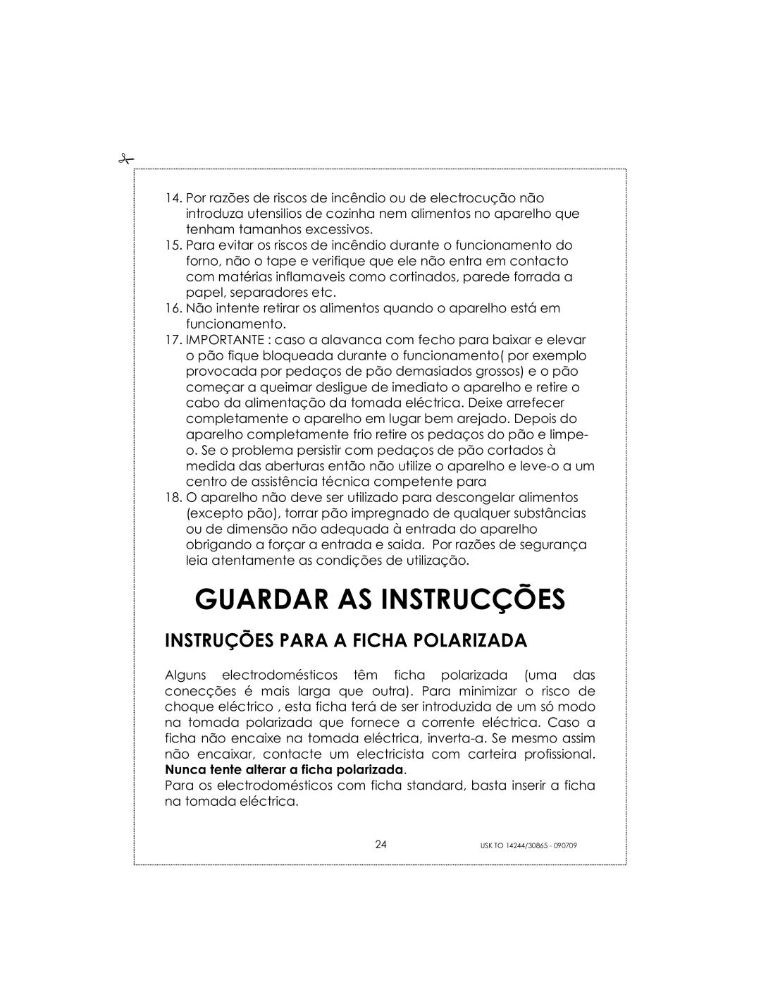 Kalorik USK TO 14244 manual Guardar AS Instrucções, Instruções Para a Ficha Polarizada 