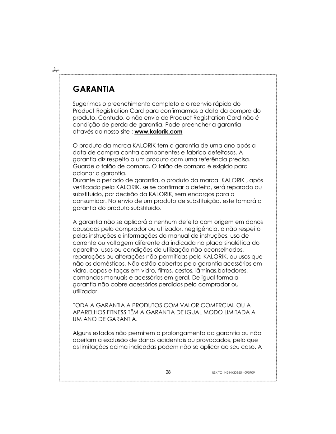 Kalorik USK TO 14244 manual Garantia 