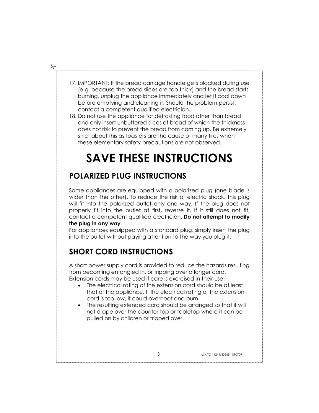 Kalorik USK TO 14244 manual Polarized Plug Instructions, Short Cord Instructions 