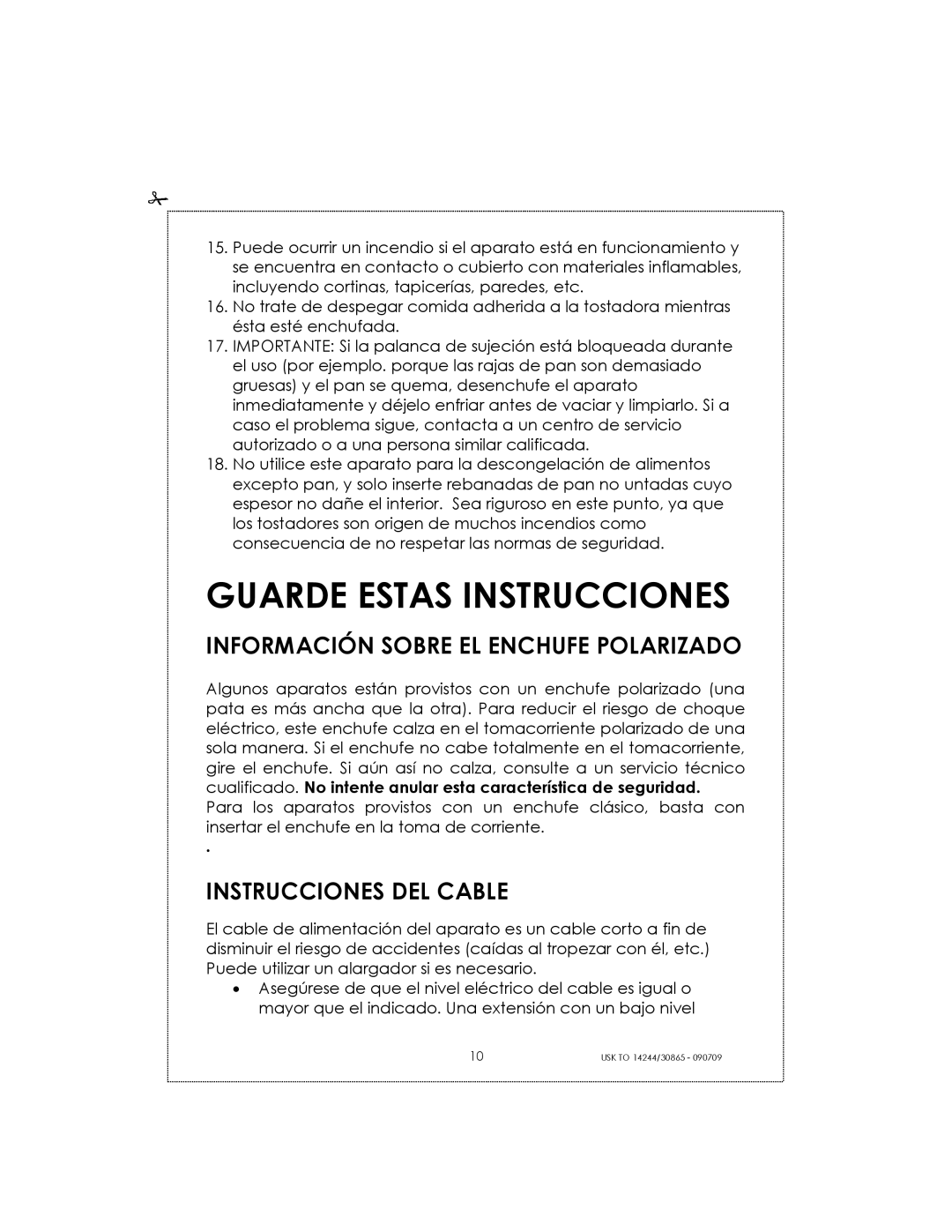 Kalorik USK TO 14244 manual Guarde Estas Instrucciones, Información Sobre El Enchufe Polarizado, Instrucciones Del Cable 