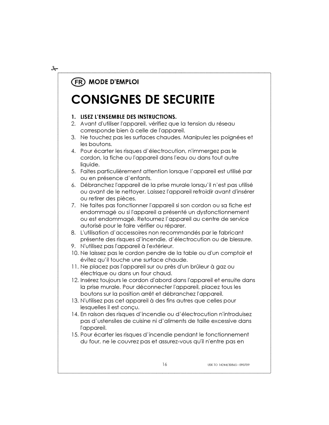 Kalorik USK TO 14244 manual Consignes De Securite 