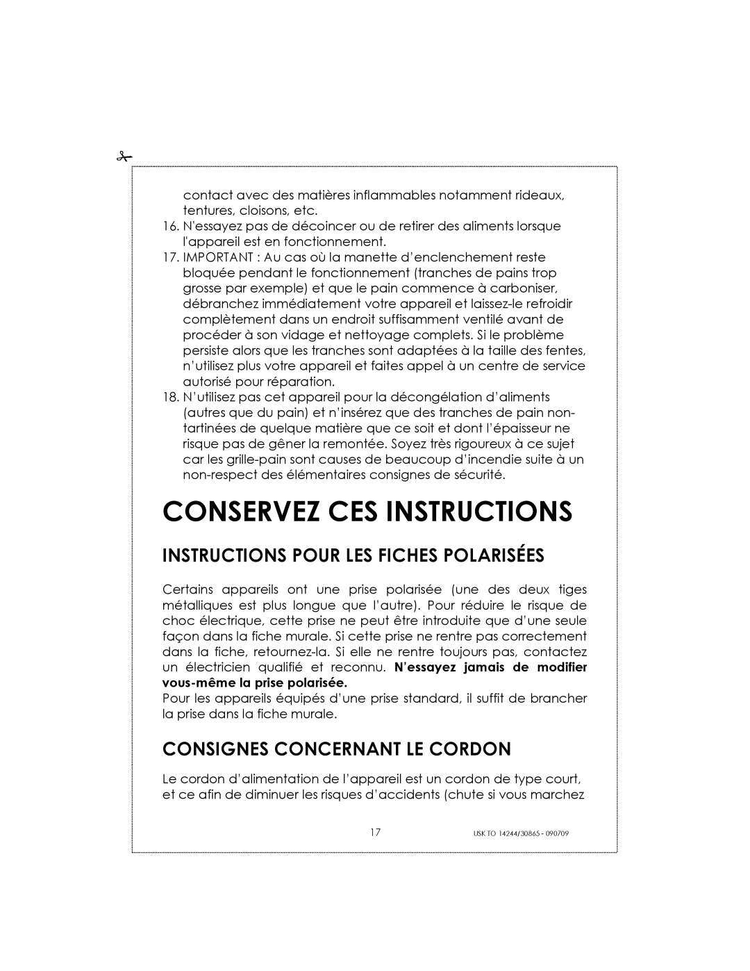 Kalorik USK TO 14244 Conservez Ces Instructions, Instructions Pour Les Fiches Polarisées, Consignes Concernant Le Cordon 