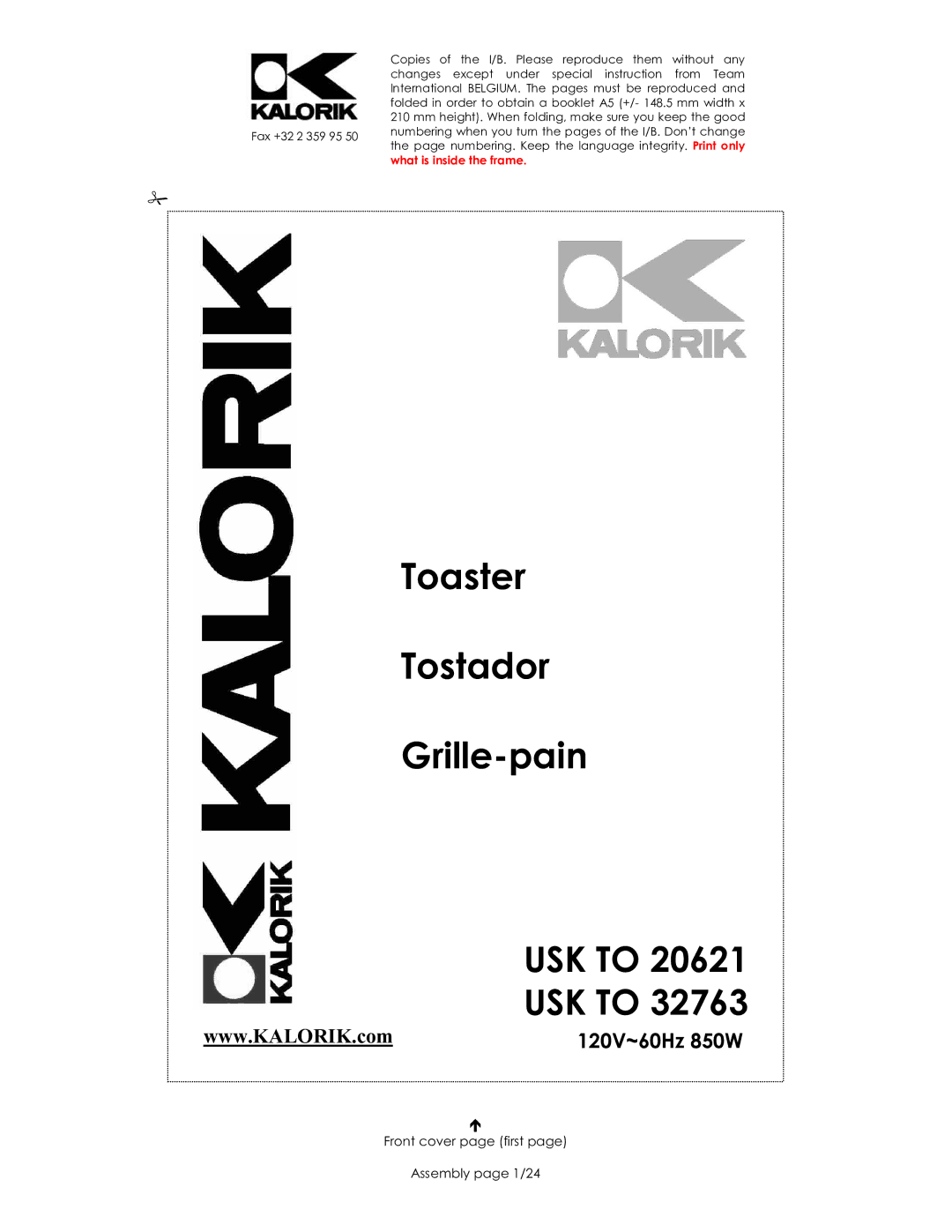 Kalorik USK TO 20621, USK TO 32763 manual Toaster Tostador Grille-pain, Front cover page first Assembly page 1/24 