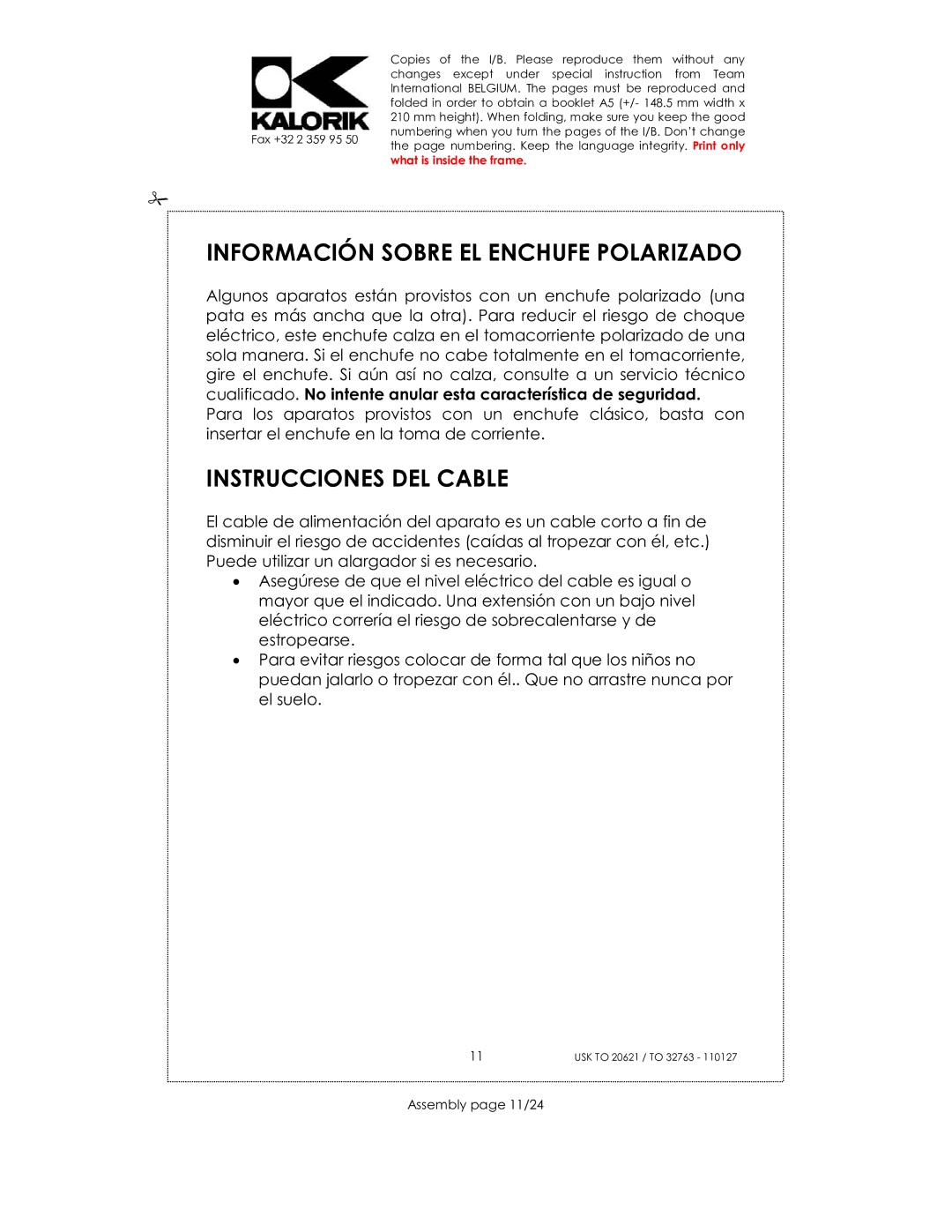 Kalorik USK TO 20621, USK TO 32763 Información Sobre EL Enchufe Polarizado, Instrucciones DEL Cable, Assembly page 11/24 