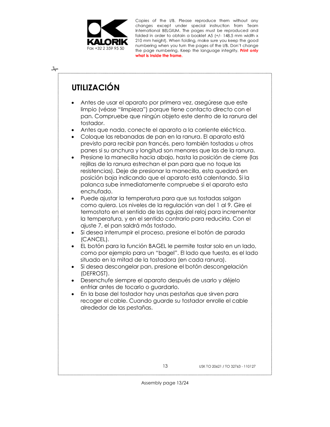 Kalorik USK TO 20621, USK TO 32763 manual Utilización, Assembly page 13/24 