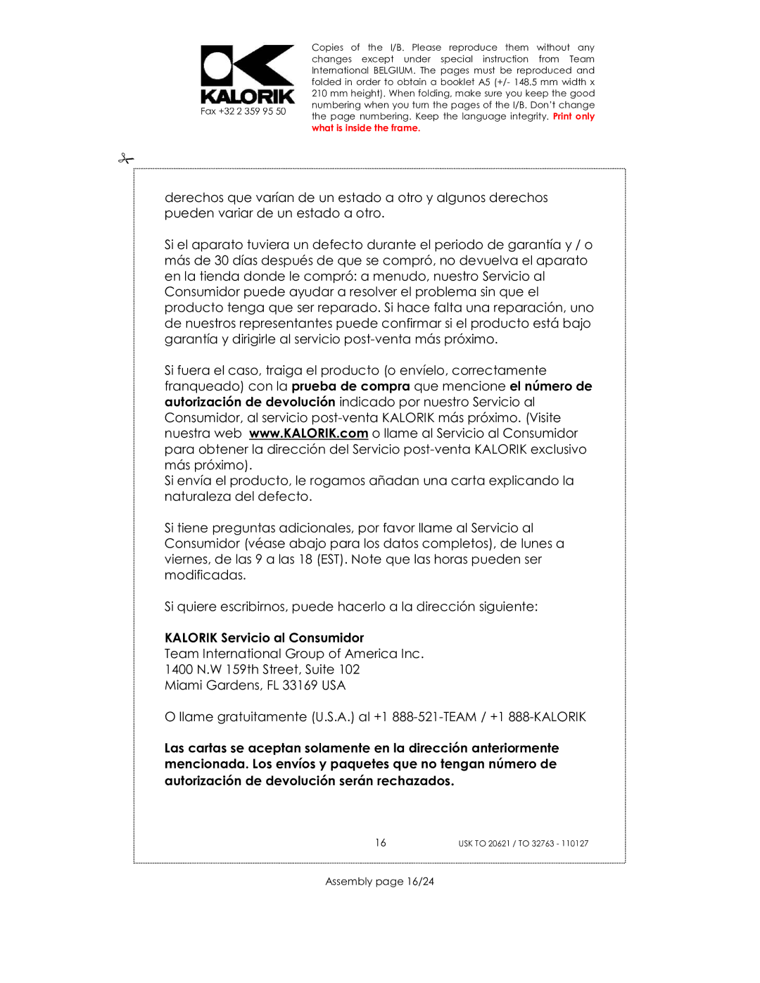 Kalorik USK TO 32763, USK TO 20621 manual Kalorik Servicio al Consumidor, Assembly page 16/24 